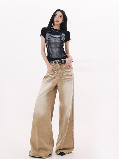 QIUQIU STUDIO American Cropped Abs Print Crew Neck Slim Fit Women&