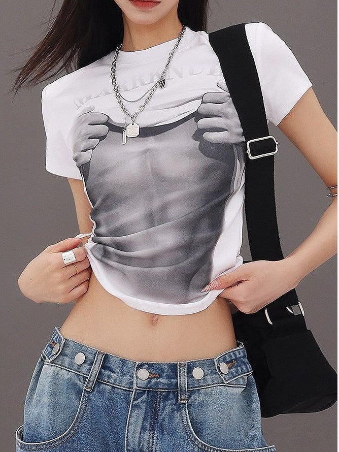 QIUQIU STUDIO American Cropped Abs Print Crew Neck Slim Fit Women&
