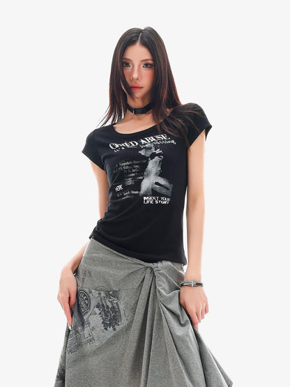 QIUQIU STUDIO American Graphic Print Crew Neck Slim Fit Women&