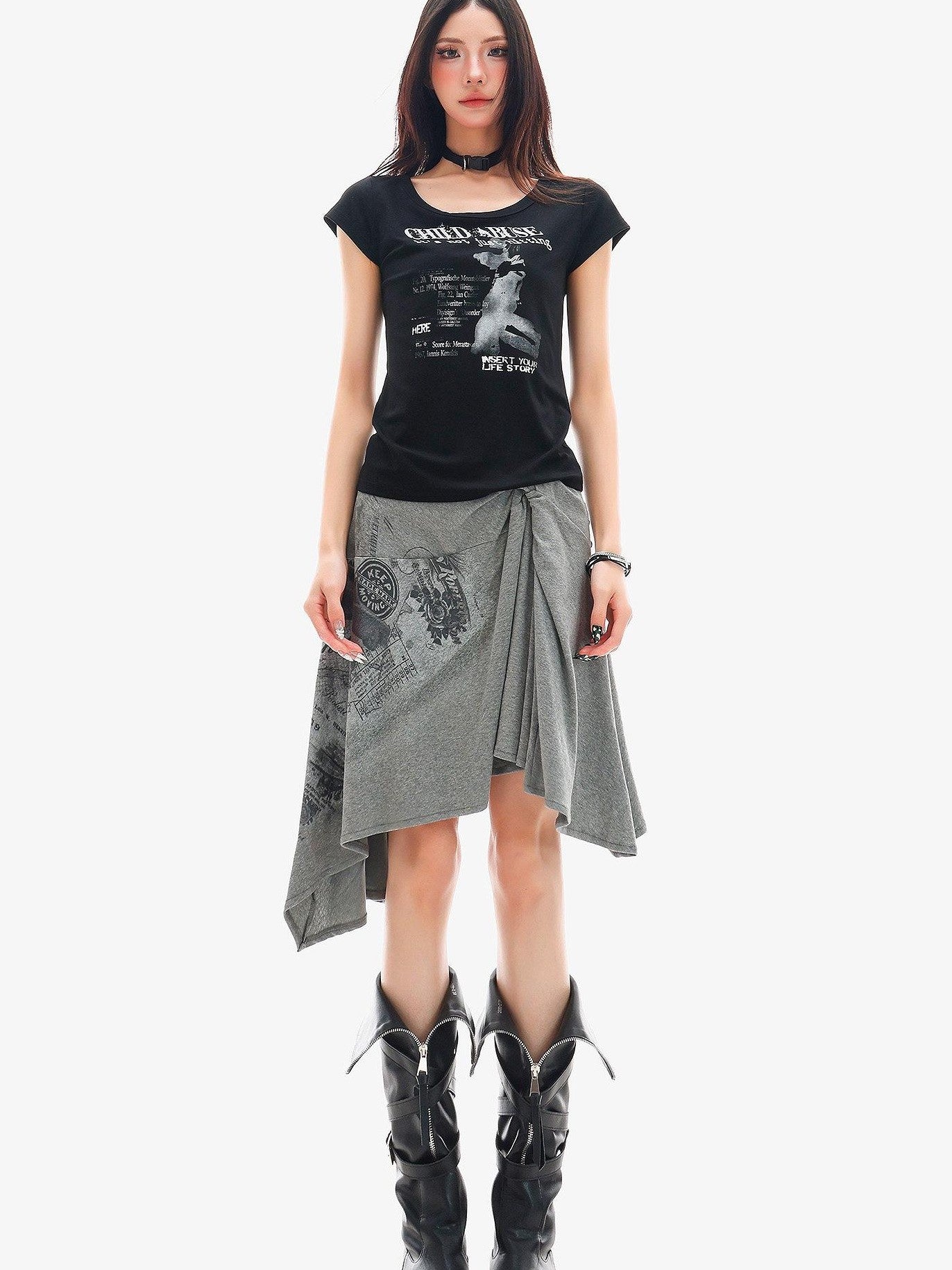QIUQIU STUDIO American Graphic Print Crew Neck Slim Fit Women&