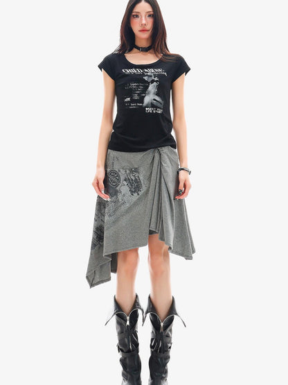 QIUQIU STUDIO American Graphic Print Crew Neck Slim Fit Women&