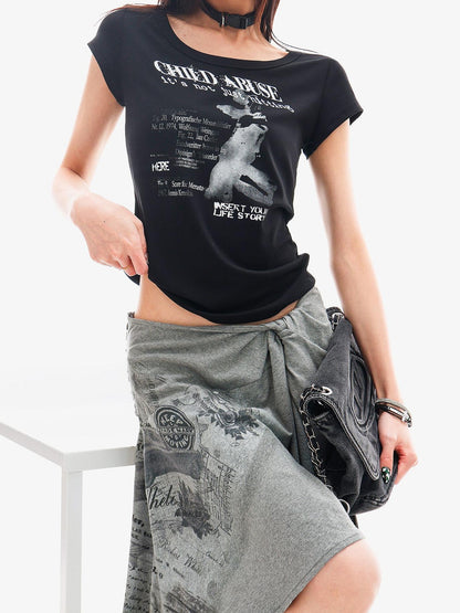 QIUQIU STUDIO American Graphic Print Crew Neck Slim Fit Women&