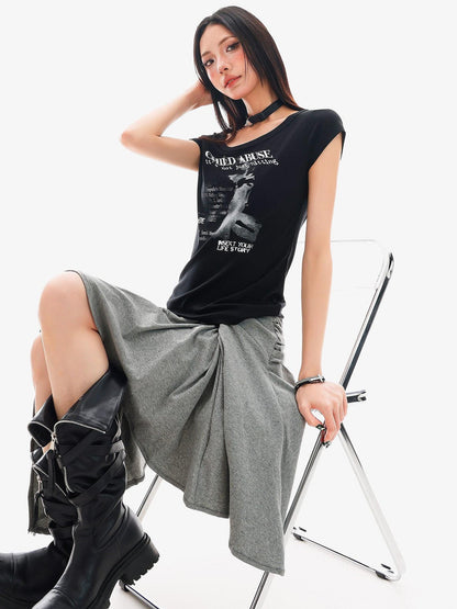 QIUQIU STUDIO American Graphic Print Crew Neck Slim Fit Women&