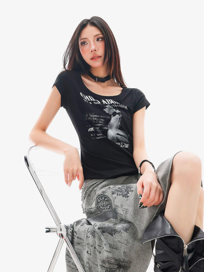QIUQIU STUDIO American Graphic Print Crew Neck Slim Fit Women&