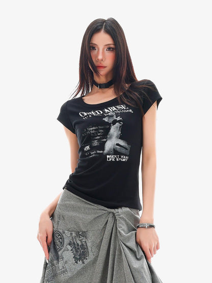 QIUQIU STUDIO American Graphic Print Crew Neck Slim Fit Women&