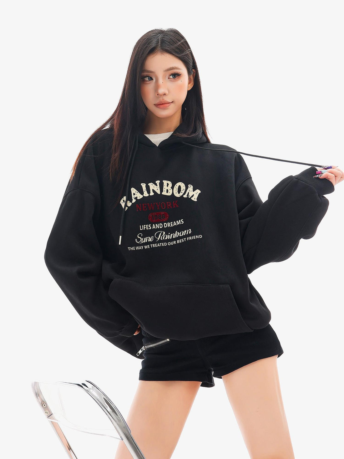 QIUQIU STUDIO American Letter Print Loose Thick Fleece Hooded Women&
