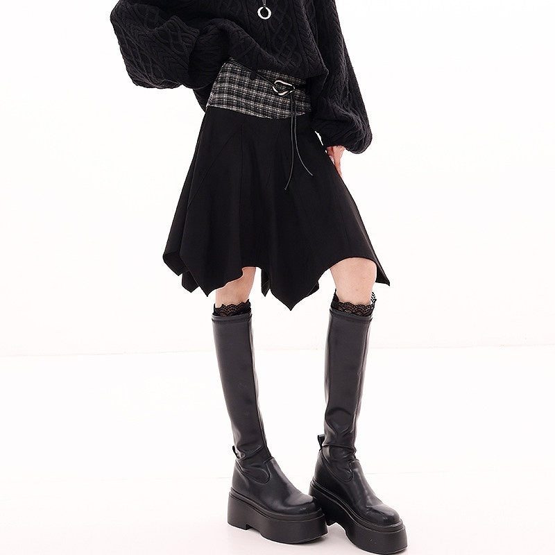 QIUQIU_STUDIO_American_Plaid_Patchwork_Asymmetric_A_Line_Women&