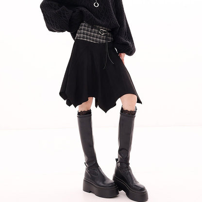 QIUQIU_STUDIO_American_Plaid_Patchwork_Asymmetric_A_Line_Women&