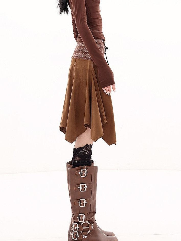 QIUQIU STUDIO American Plaid Patchwork Asymmetric A Line Women&