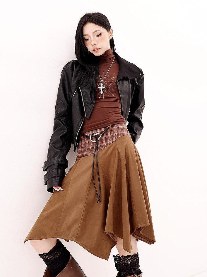 QIUQIU STUDIO American Plaid Patchwork Asymmetric A Line Women&