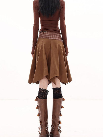 QIUQIU STUDIO American Plaid Patchwork Asymmetric A Line Women&