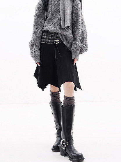 QIUQIU STUDIO American Plaid Patchwork Asymmetric A Line Women&