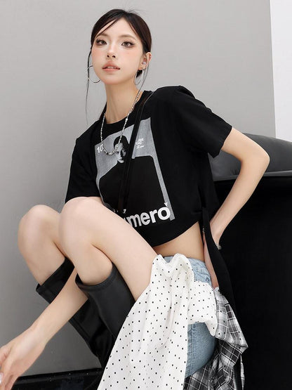 QIUQIU STUDIO American Printed Tie Front Slim Fit Short Sleeve Crew Neck Women&