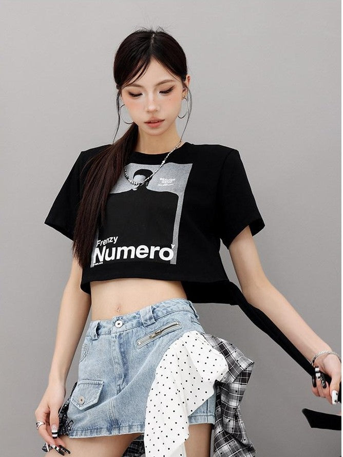 QIUQIU STUDIO American Printed Tie Front Slim Fit Short Sleeve Crew Neck Women&