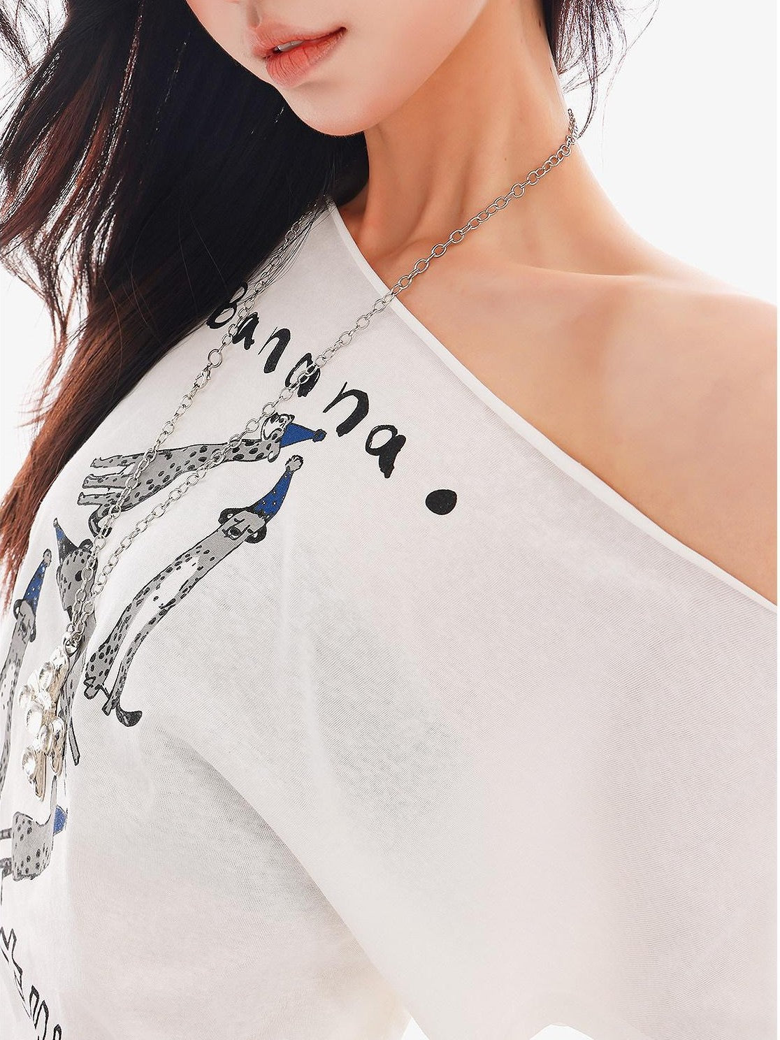 QIUQIU STUDIO Animal Letter Print Tie Shoulder Cropped Loose Women&