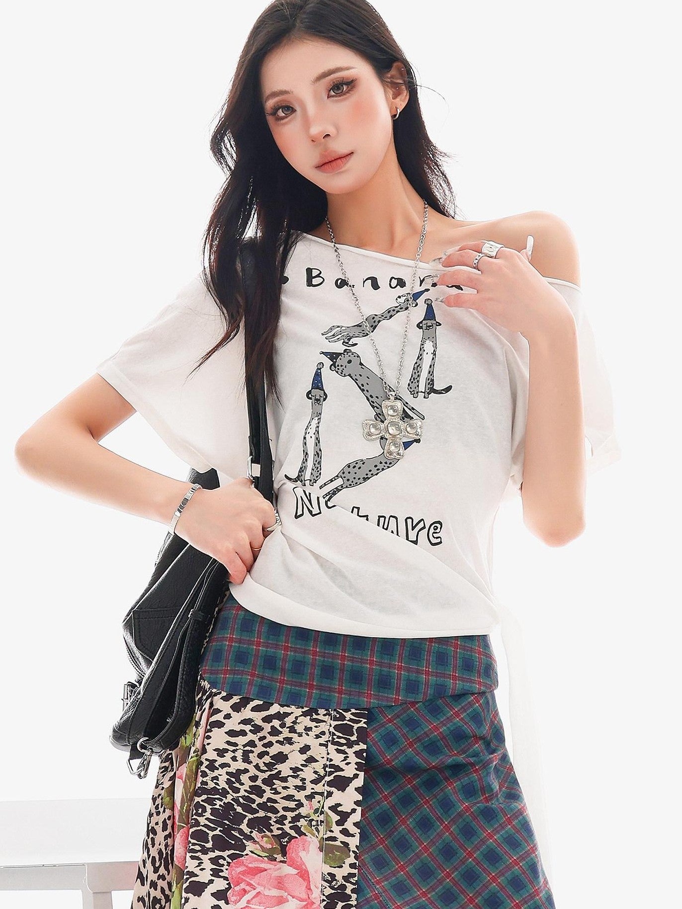 QIUQIU STUDIO Animal Letter Print Tie Shoulder Cropped Loose Women&