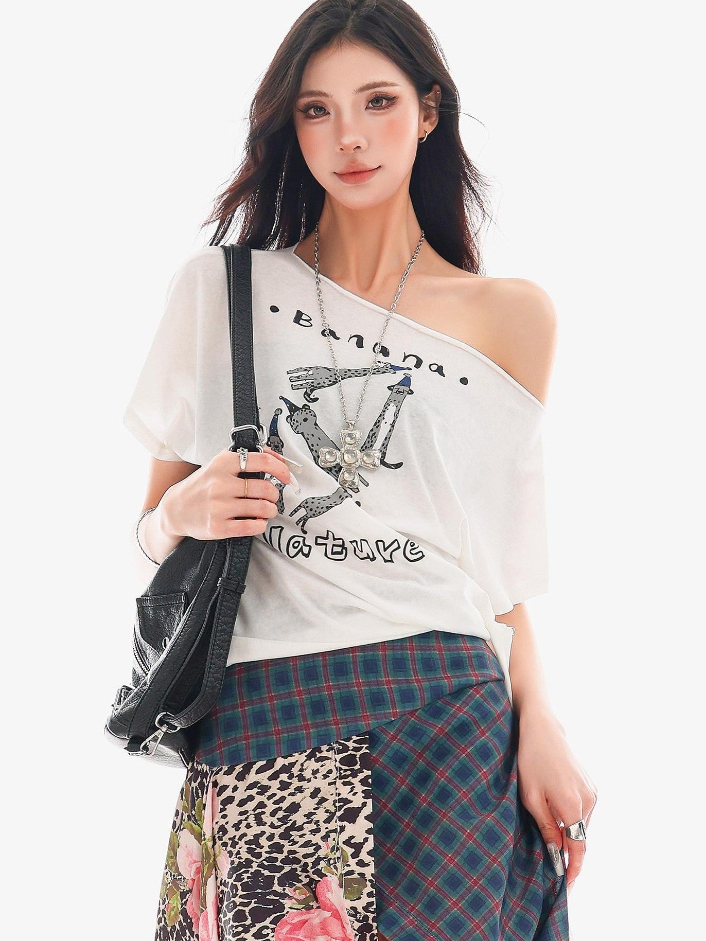 QIUQIU STUDIO Animal Letter Print Tie Shoulder Cropped Loose Women&