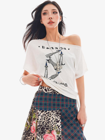 QIUQIU STUDIO Animal Letter Print Tie Shoulder Cropped Loose Women&