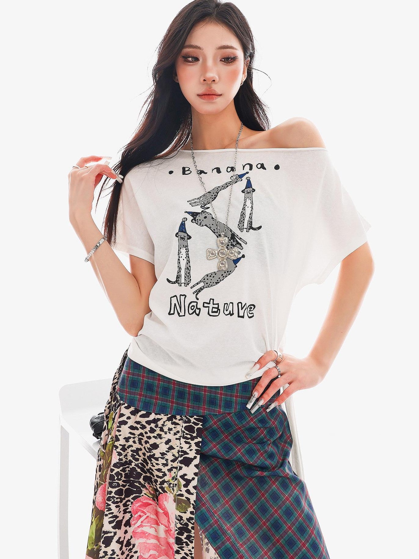 QIUQIU STUDIO Animal Letter Print Tie Shoulder Cropped Loose Women&