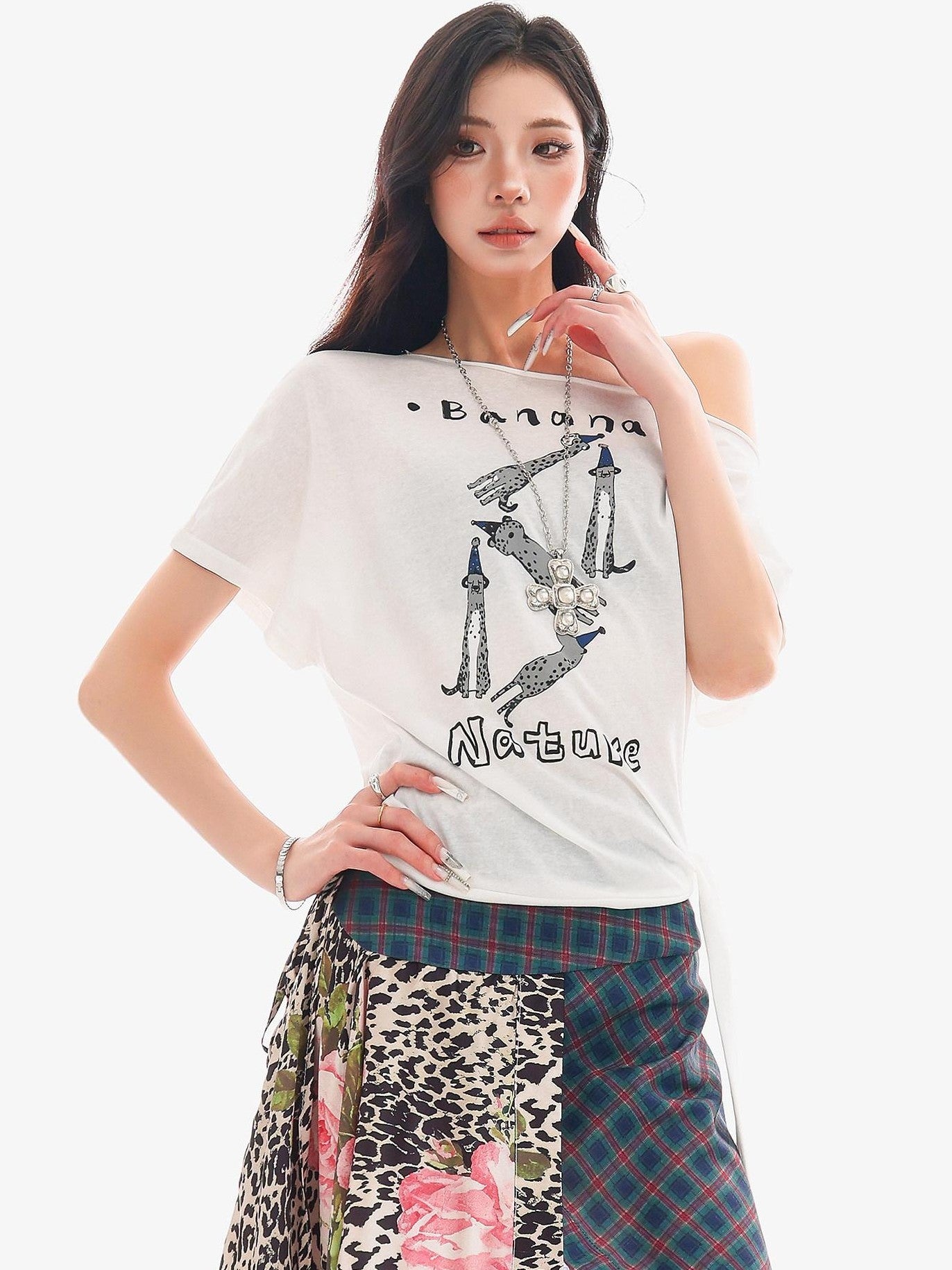 QIUQIU STUDIO Animal Letter Print Tie Shoulder Cropped Loose Women&