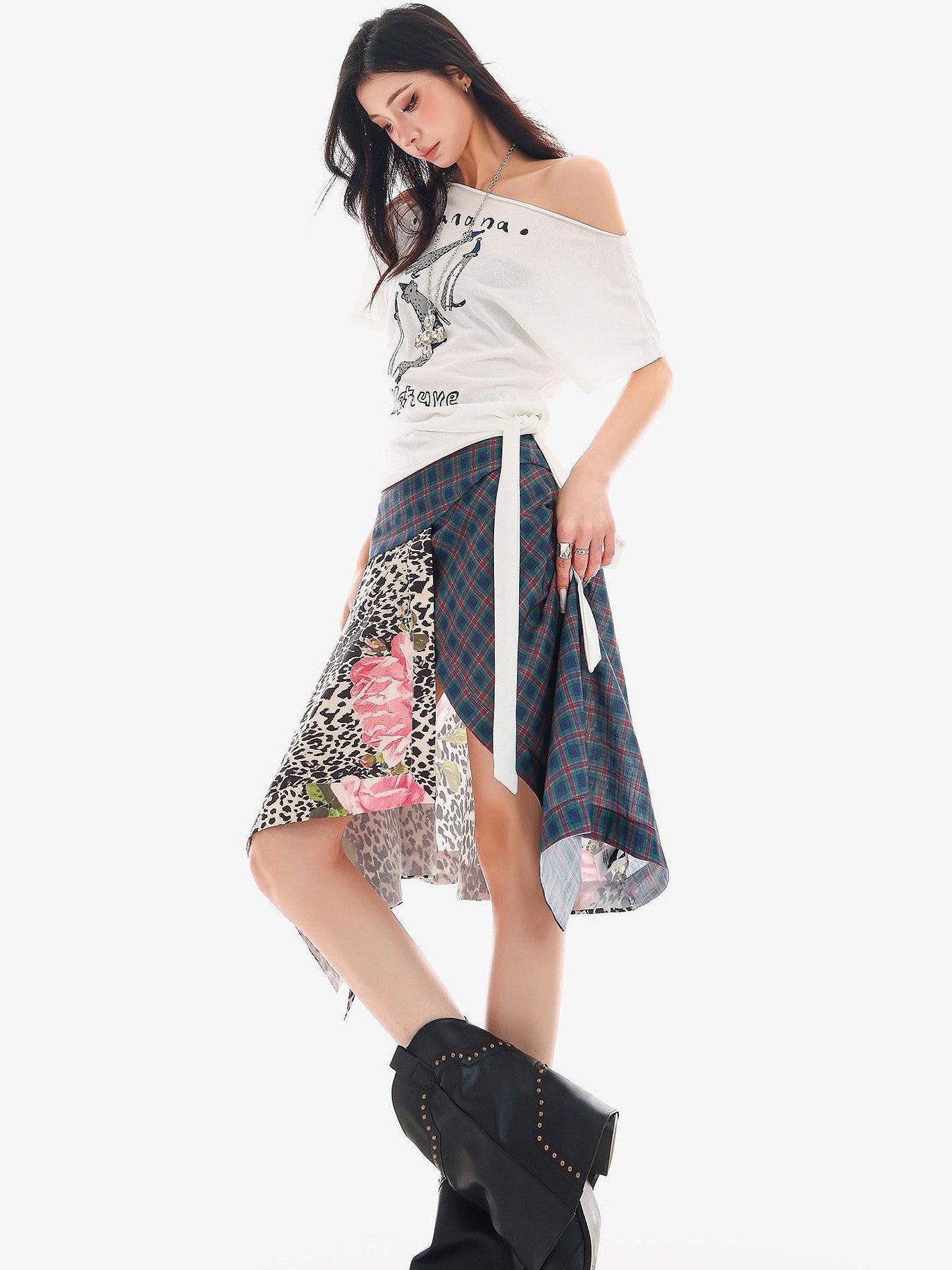 QIUQIU STUDIO Animal Letter Print Tie Shoulder Cropped Loose Women&