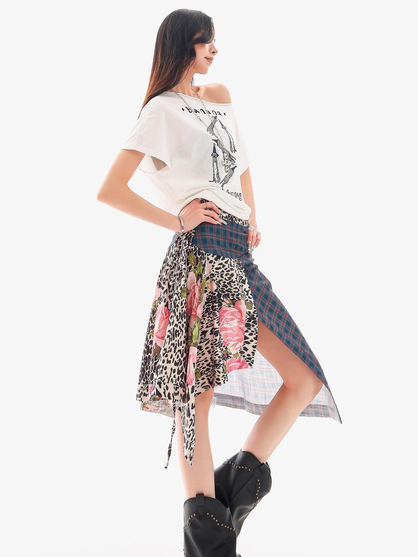 QIUQIU STUDIO Animal Letter Print Tie Shoulder Cropped Loose Women&