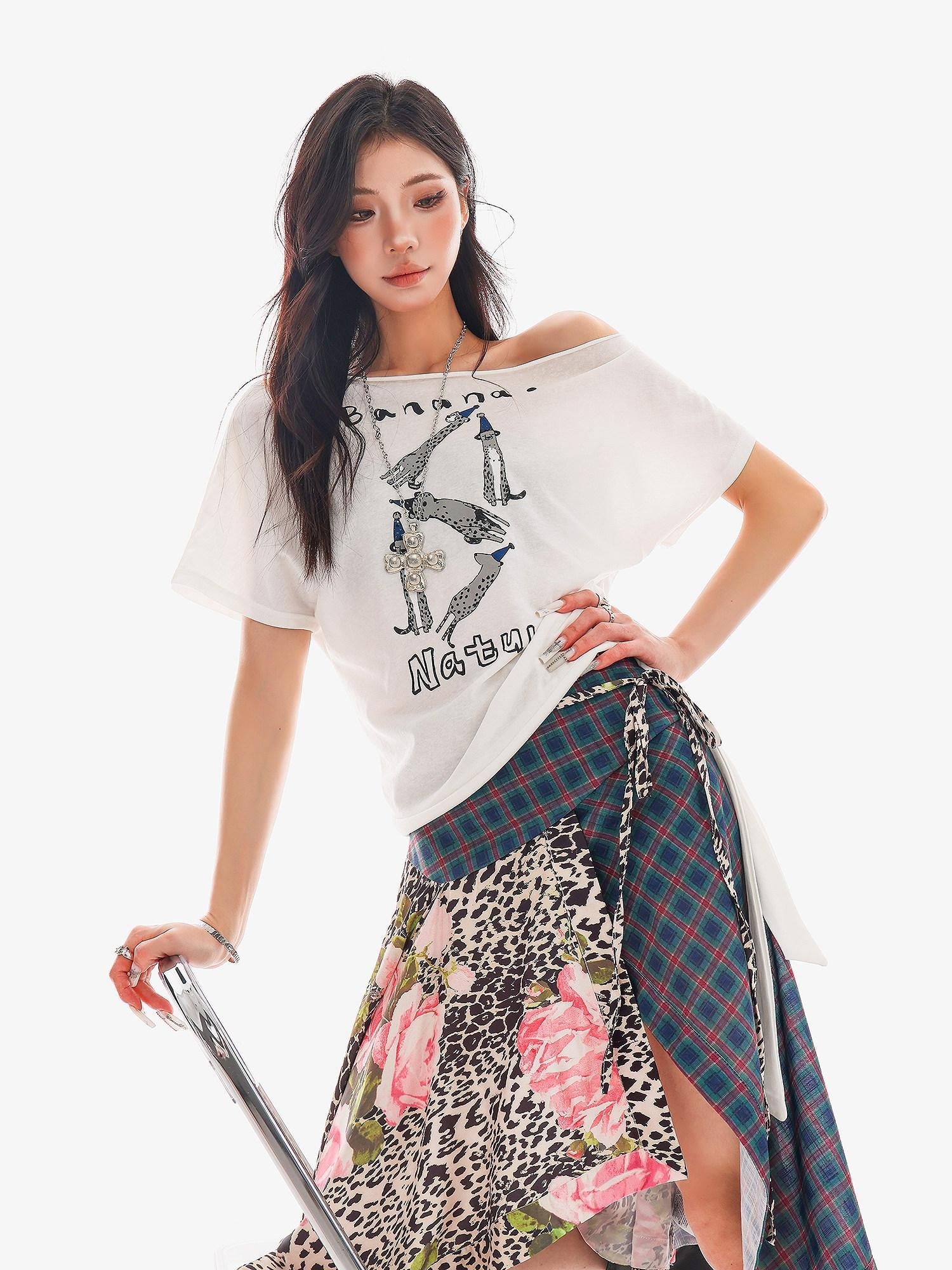 QIUQIU STUDIO Animal Letter Print Tie Shoulder Cropped Loose Women&