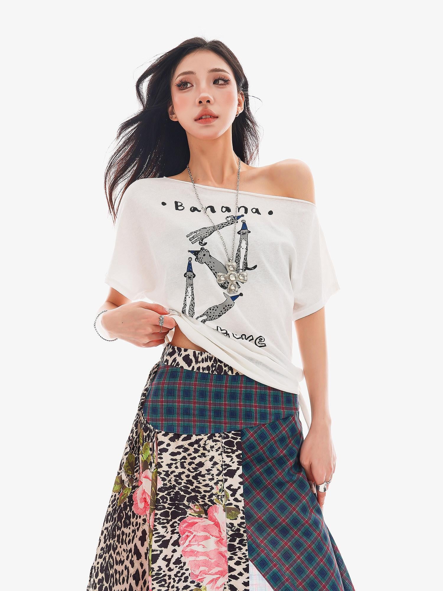QIUQIU STUDIO Animal Letter Print Tie Shoulder Cropped Loose Women&