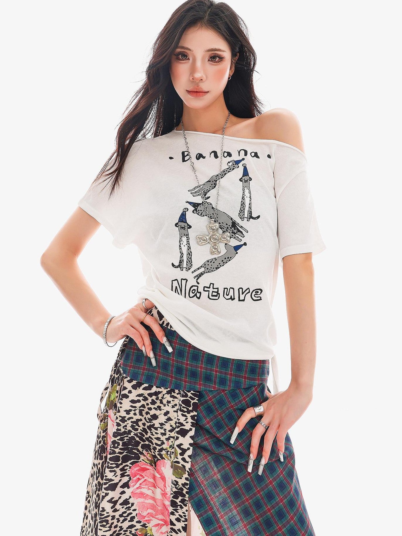 QIUQIU STUDIO Animal Letter Print Tie Shoulder Cropped Loose Women&