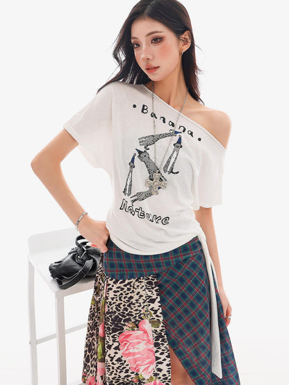 QIUQIU STUDIO Animal Letter Print Tie Shoulder Cropped Loose Women&