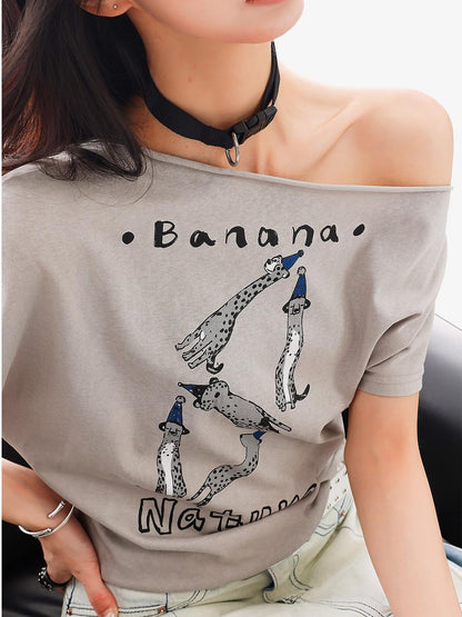 QIUQIU STUDIO Animal Print Letter Tie Loose One Shoulder Women&