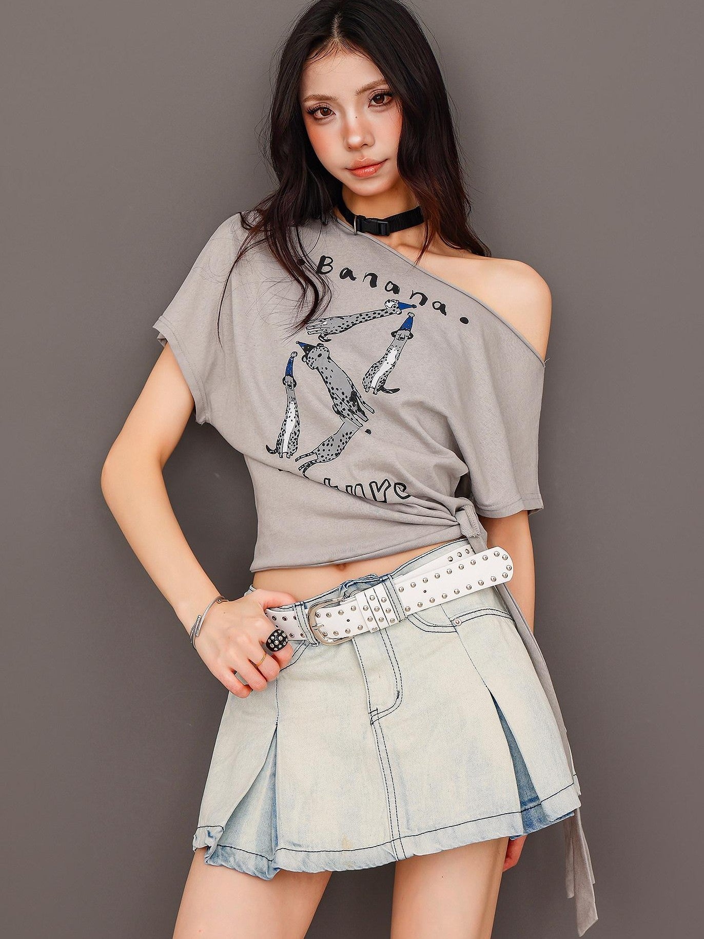 QIUQIU STUDIO Animal Print Letter Tie Loose One Shoulder Women&