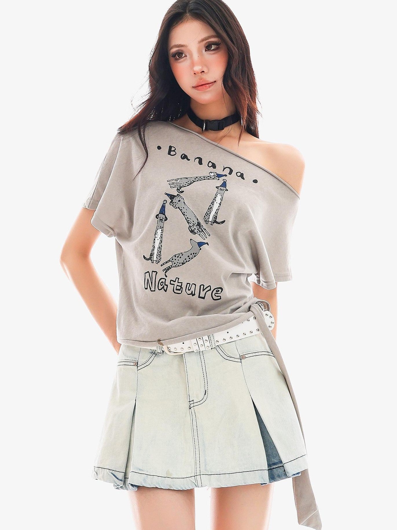 QIUQIU STUDIO Animal Print Letter Tie Loose One Shoulder Women&