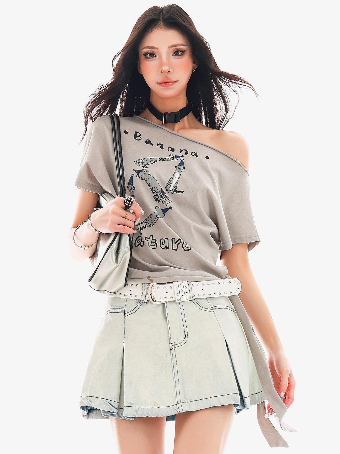 QIUQIU STUDIO Animal Print Letter Tie Loose One Shoulder Women&