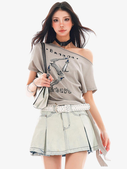 QIUQIU STUDIO Animal Print Letter Tie Loose One Shoulder Women&
