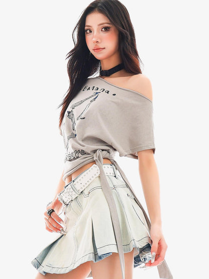 QIUQIU STUDIO Animal Print Letter Tie Loose One Shoulder Women&