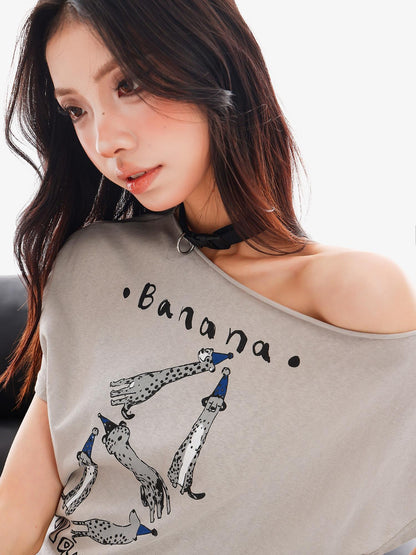 QIUQIU STUDIO Animal Print Letter Tie Loose One Shoulder Women&