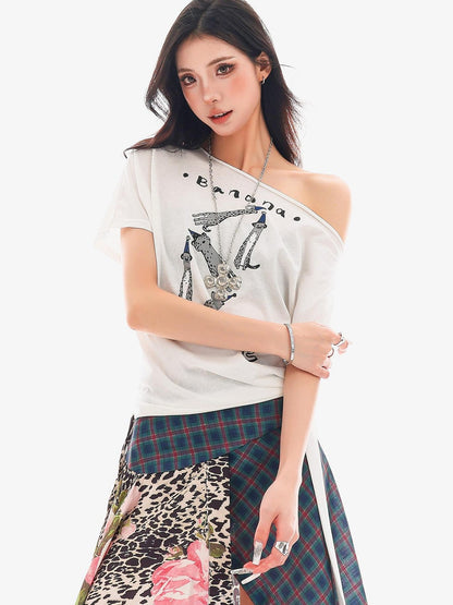 QIUQIU STUDIO Animal Print Letter Tie Loose One Shoulder Women&