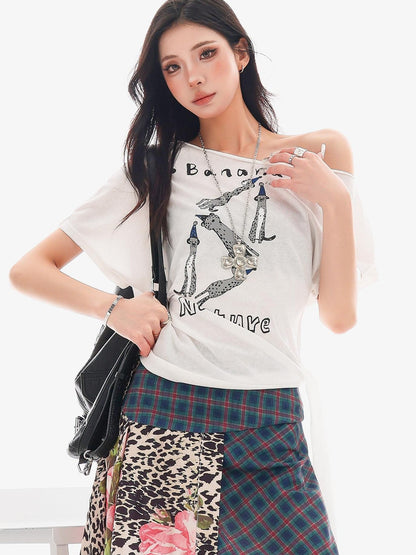 QIUQIU STUDIO Animal Print Letter Tie Loose One Shoulder Women&