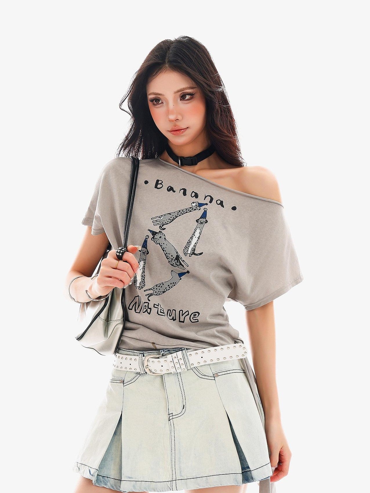 QIUQIU STUDIO Animal Print Letter Tie Loose One Shoulder Women&