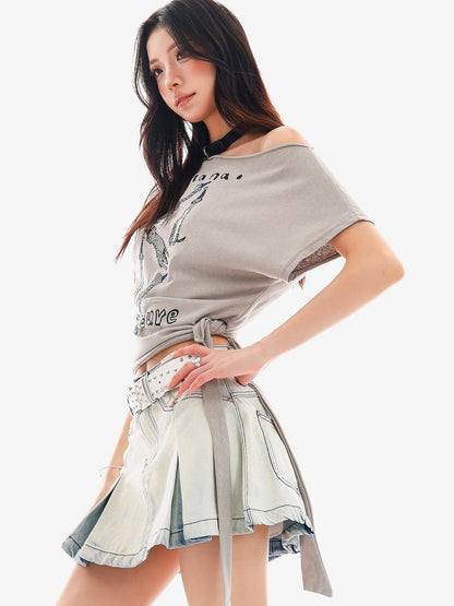 QIUQIU STUDIO Animal Print Letter Tie Loose One Shoulder Women&
