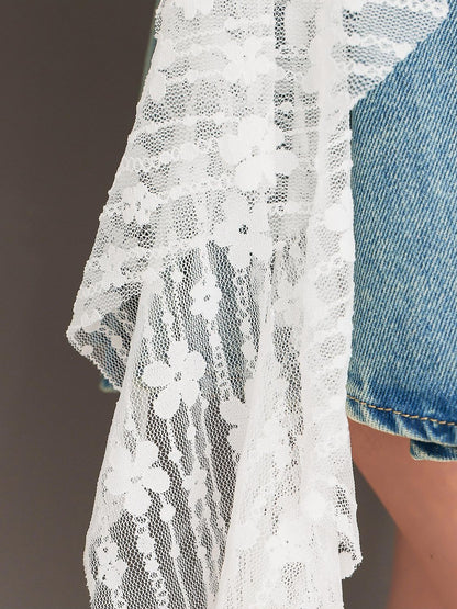 QIUQIU STUDIO Asymmetric Hem Lace Panel Cutout Round Neck Women&
