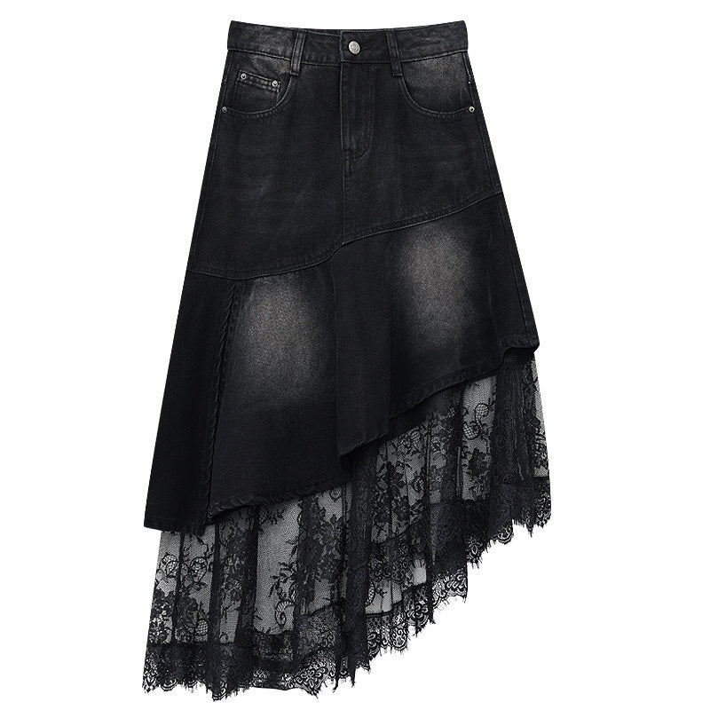 QIUQIU_STUDIO_Asymmetric_Hem_Lace_Patchwork_A_Line_Women&