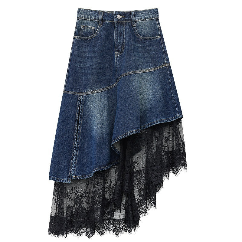 QIUQIU_STUDIO_Asymmetric_Hem_Lace_Patchwork_A_Line_Women&