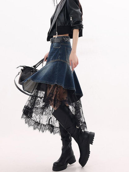 QIUQIU STUDIO Asymmetric Hem Lace Patchwork A Line Women&