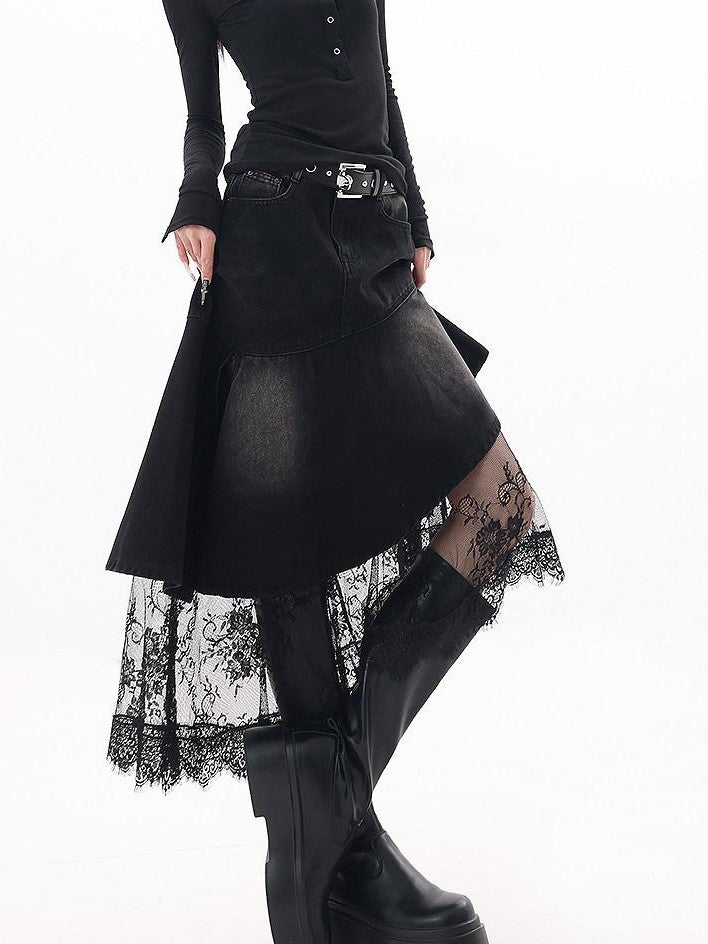 QIUQIU STUDIO Asymmetric Hem Lace Patchwork A Line Women&