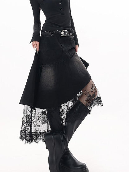 QIUQIU STUDIO Asymmetric Hem Lace Patchwork A Line Women&