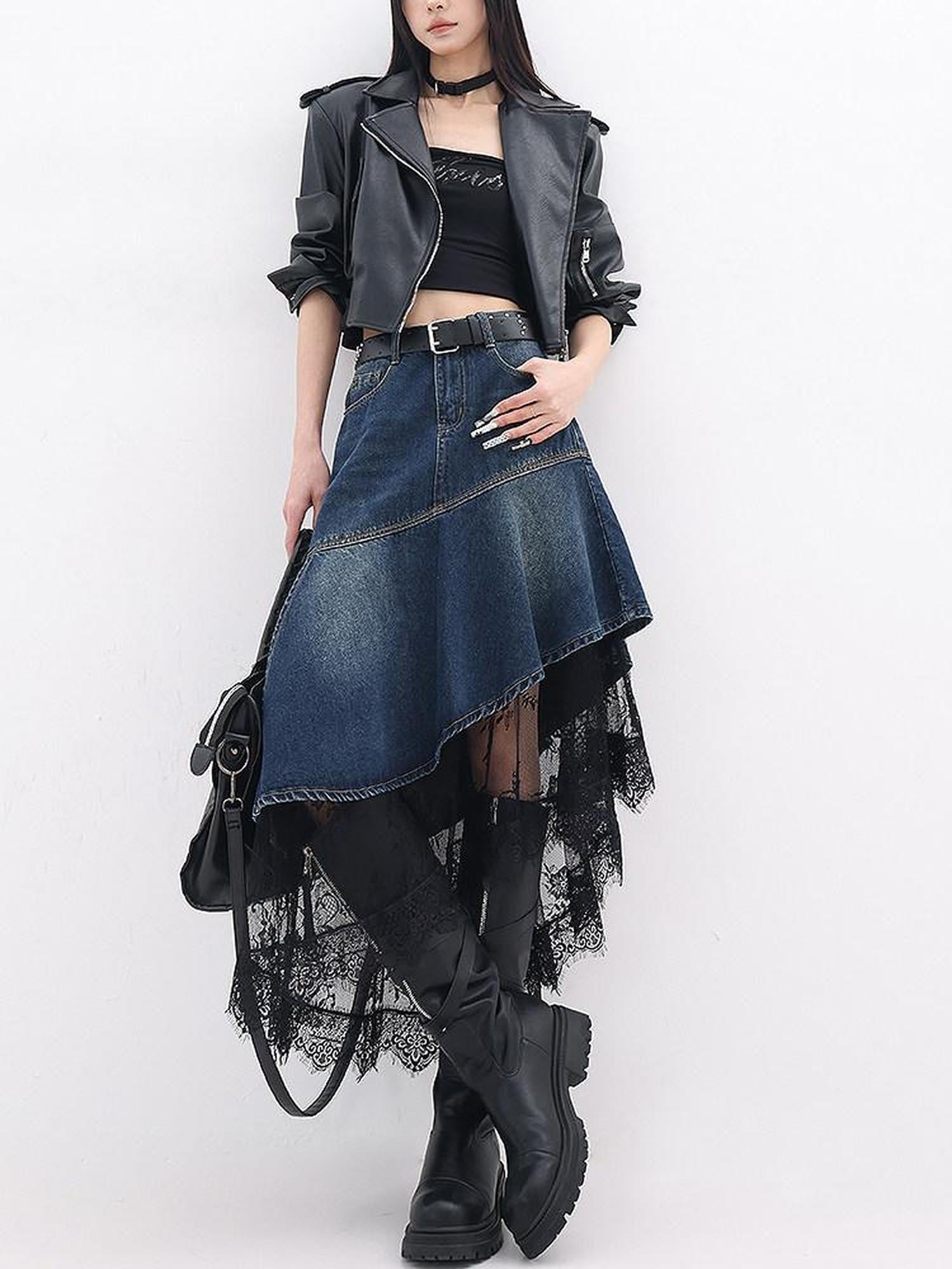QIUQIU STUDIO Asymmetric Hem Lace Patchwork A Line Women&