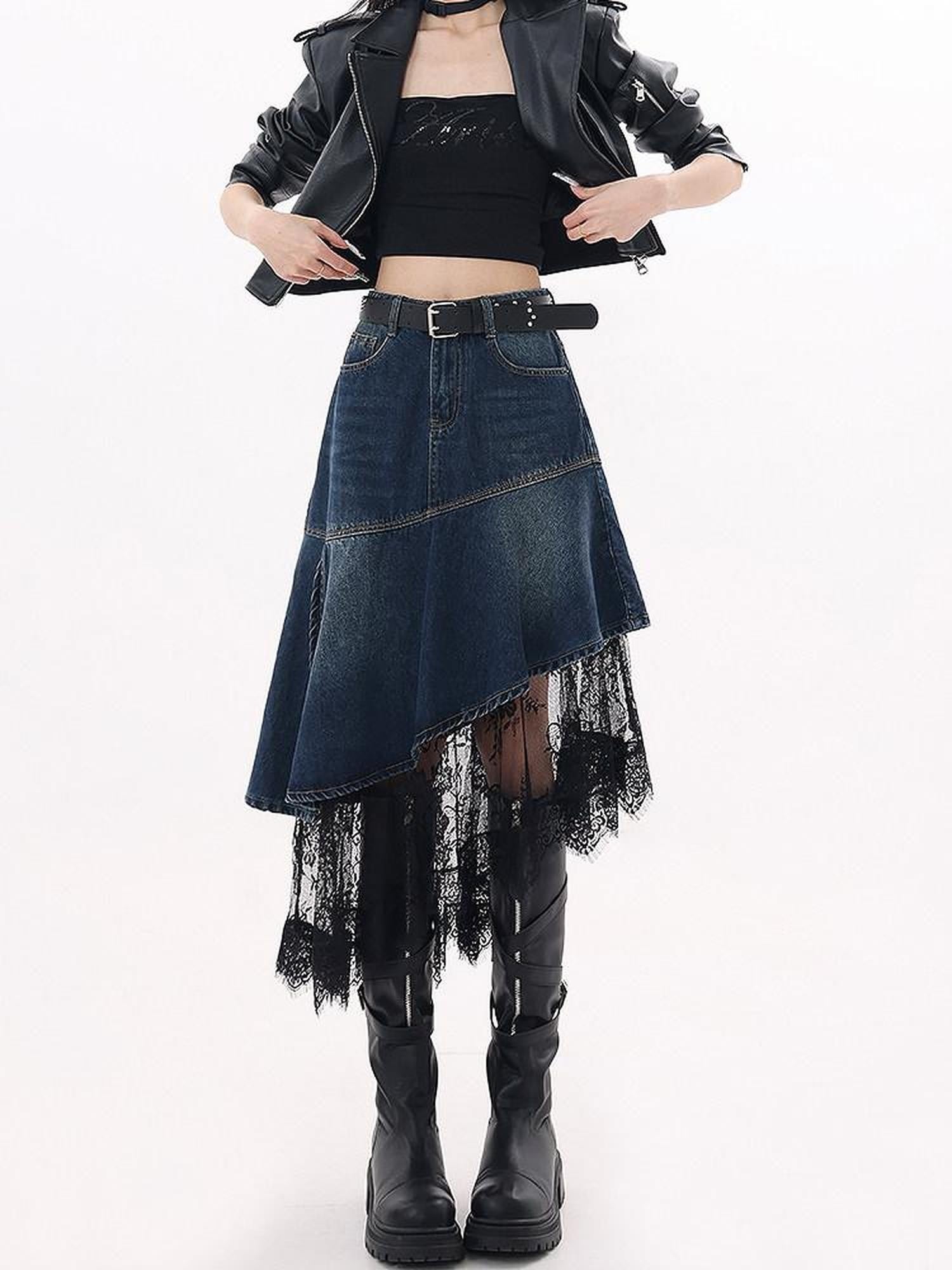 QIUQIU STUDIO Asymmetric Hem Lace Patchwork A Line Women&