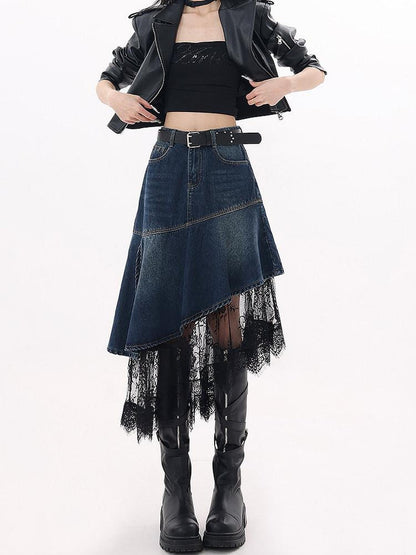 QIUQIU STUDIO Asymmetric Hem Lace Patchwork A Line Women&